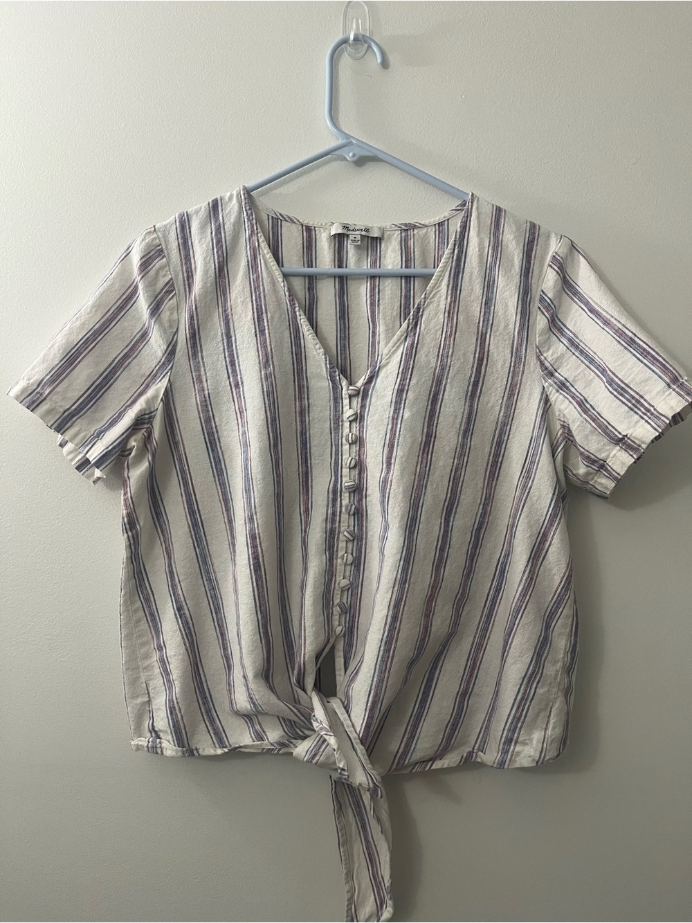 Madewell White Button-Front Tie Hem Top with Purple Stripes size medium